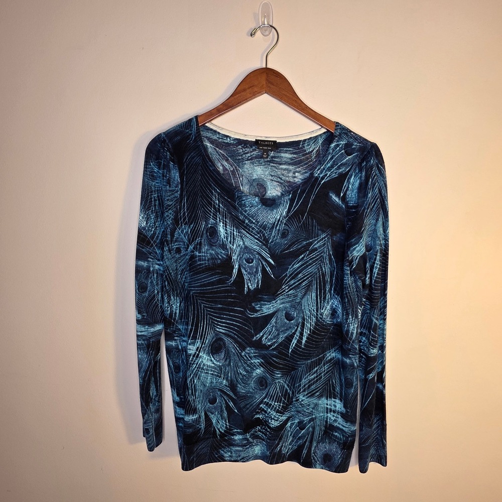 Talbots Merino Wool Sweater Women Medium Teal Blue Peacock Feather Autumn Luxury